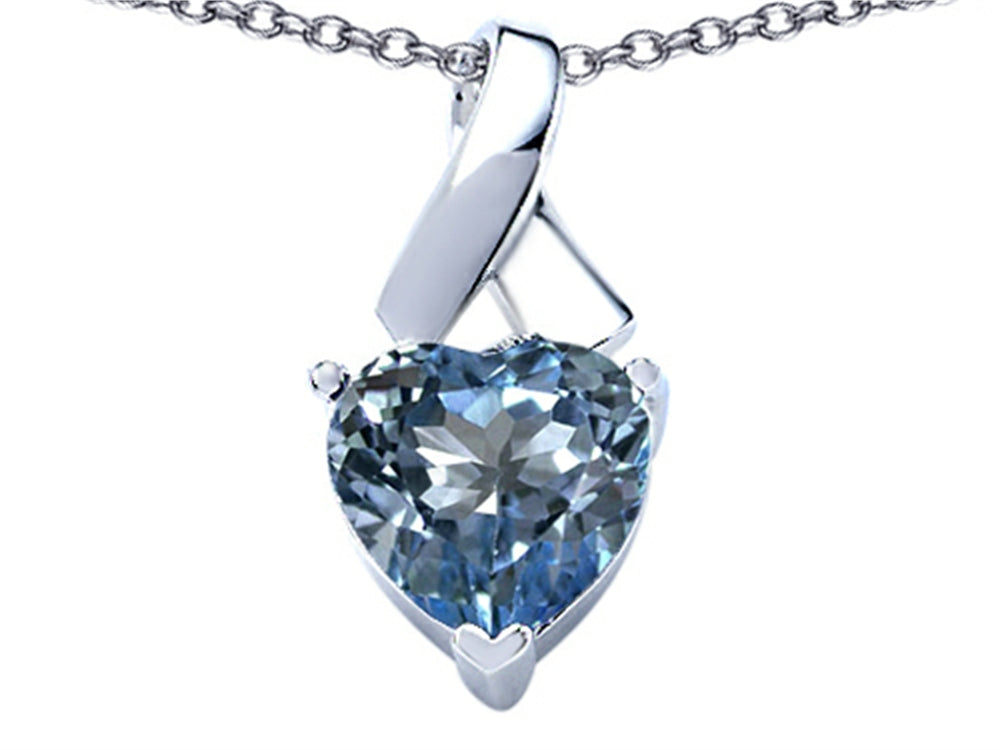 Star K 8mm Heart Shape Simulated Aquamarine Ribbon Pendant Necklace