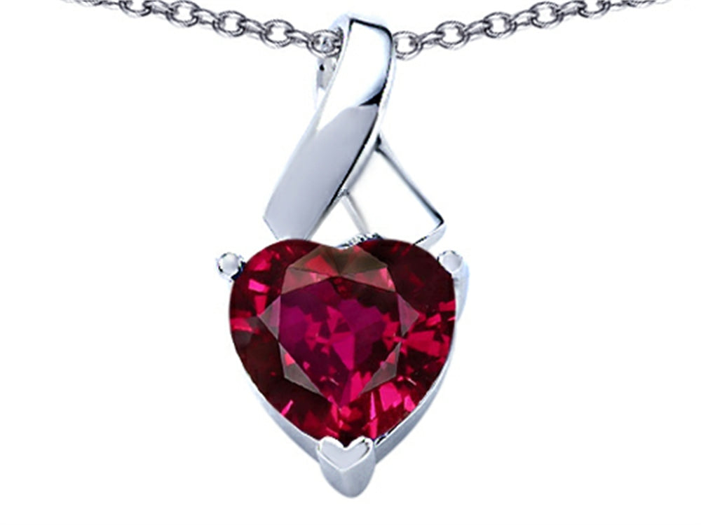 Star K 8mm Heart Shape Created Ruby Ribbon Pendant Necklace