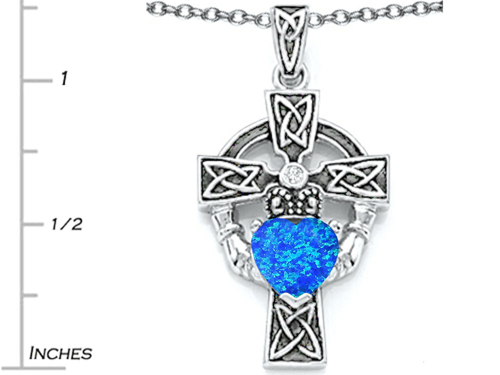 Star K Claddagh Cross Pendant Necklace with 7mm Heart Shape Blue Created Opal