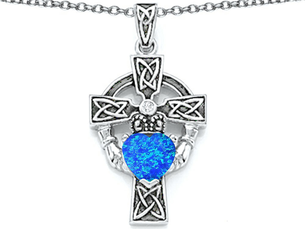 Star K Claddagh Cross Pendant Necklace with 7mm Heart Shape Blue Created Opal