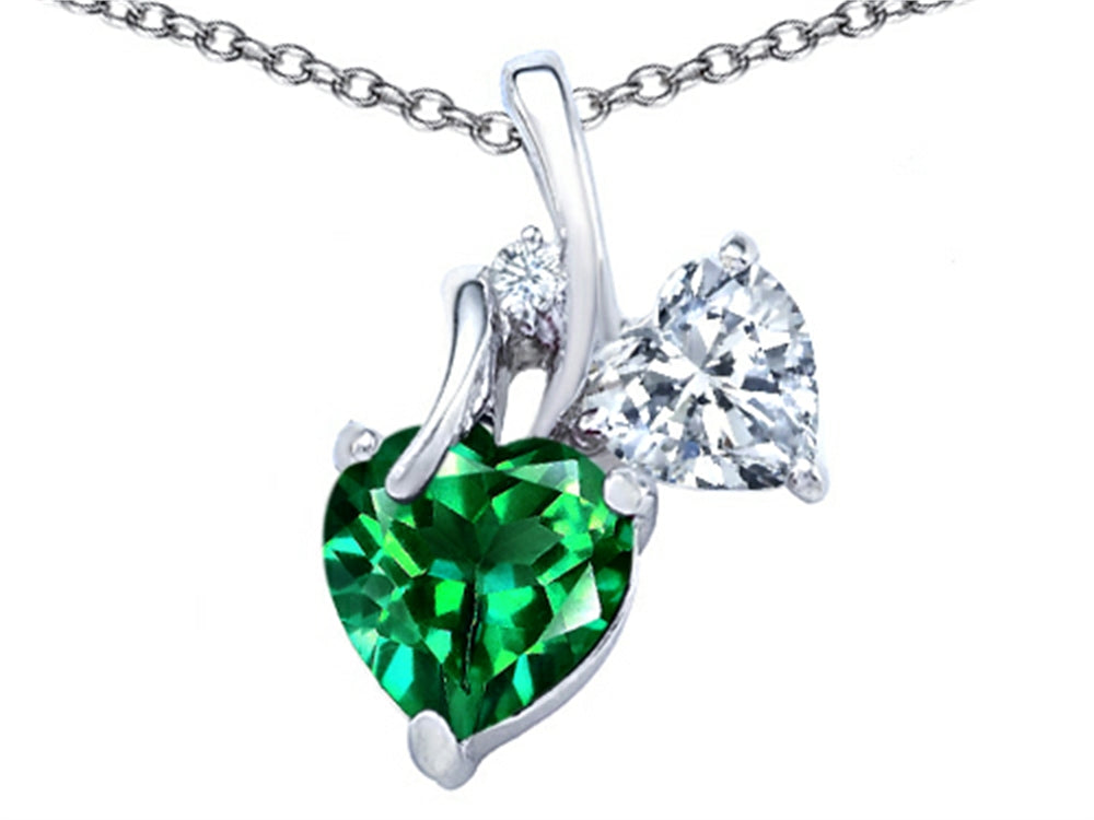 Star K 8mm Heart Shape Simulated Emerald Double Hearts Pendant Necklace