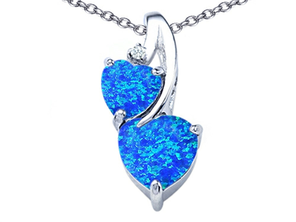 Star K 8mm Heart Shape Blue Created Opal Double Hearts Pendant Necklace
