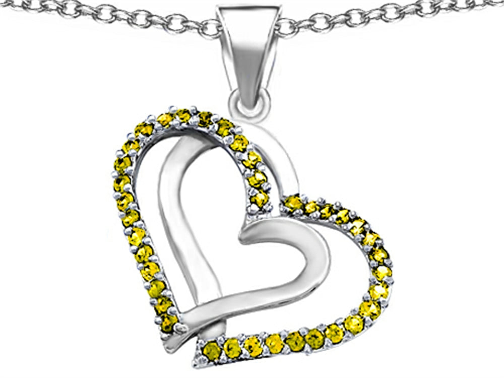 Star K Round Simulated Citrine Double Hearts Pendant Necklace