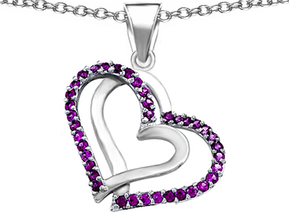 Star K Round Simulated Amethyst Double Hearts Pendant Necklace