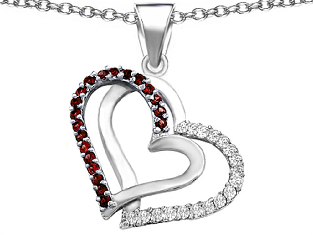 Star K Round Simulated Garnet Double Hearts Pendant Necklace