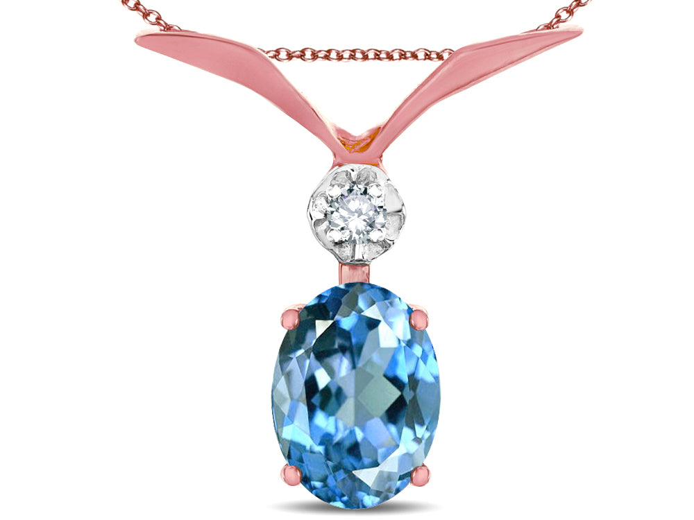 Star K 14K Gold Oval 8x6mm Genuine Blue Topaz V Shaped Pendant Necklace