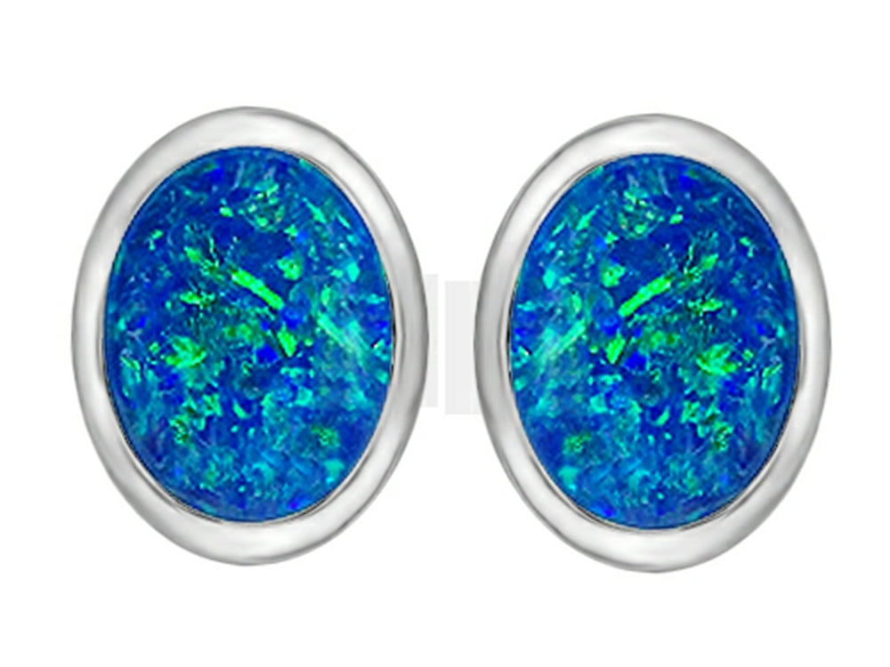 Star K 8x6mm Oval Blue Created Opal Earrings Studs