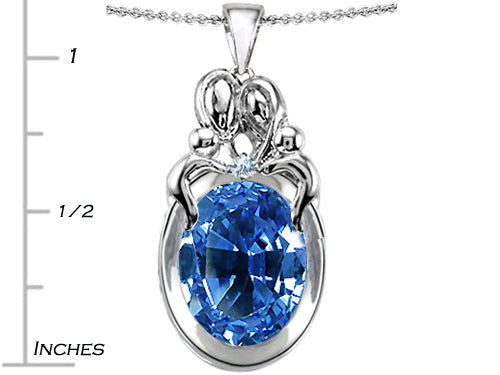 Star K Large Loving Mother Twin Family Pendant Necklace With 11x9mm Oval Simulated Aquamarine