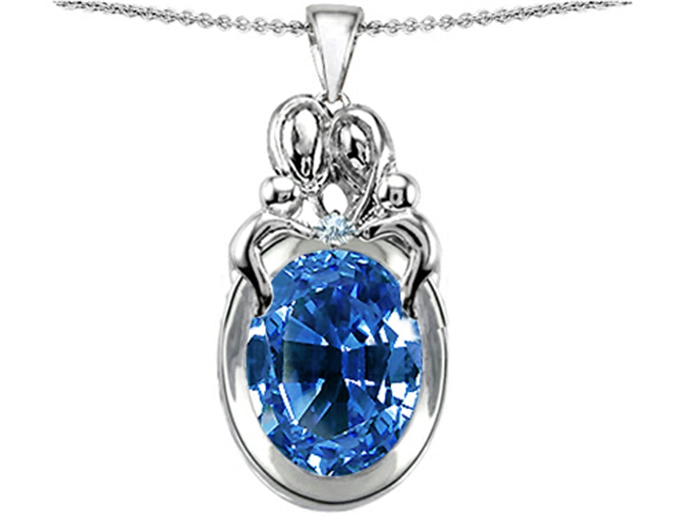 Star K Large Loving Mother Twin Family Pendant Necklace With 11x9mm Oval Simulated Aquamarine