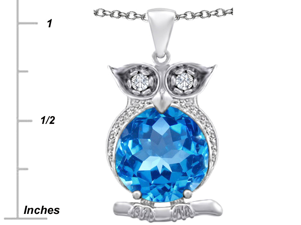 Star K Large 10mm Round Simulated Blue Topaz Good Luck Owl Pendant Necklace