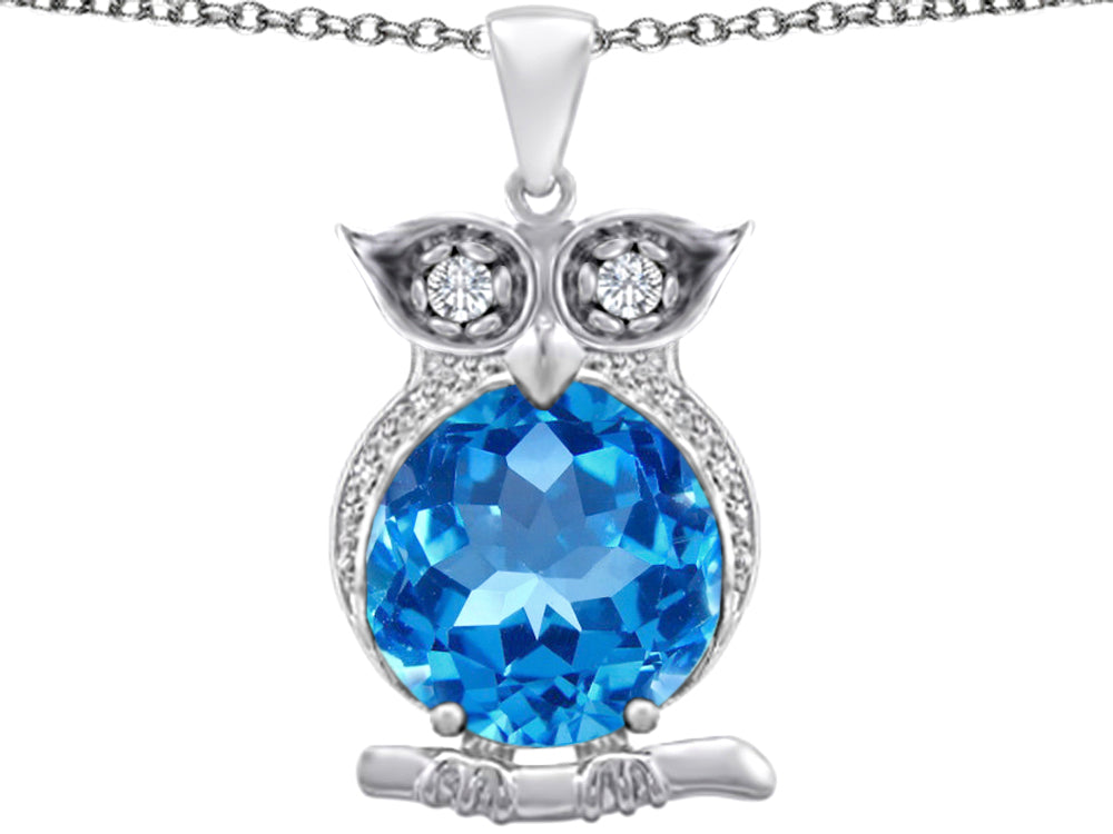 Star K Large 10mm Round Simulated Blue Topaz Good Luck Owl Pendant Necklace