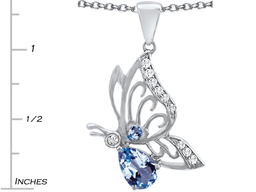 Star K Butterfly Pendant Necklace With 9x6mm Pear Shape Simulated Aquamarine