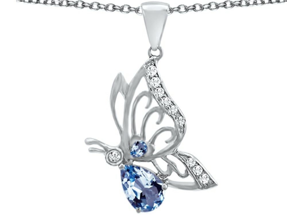 Star K Butterfly Pendant Necklace With 9x6mm Pear Shape Simulated Aquamarine
