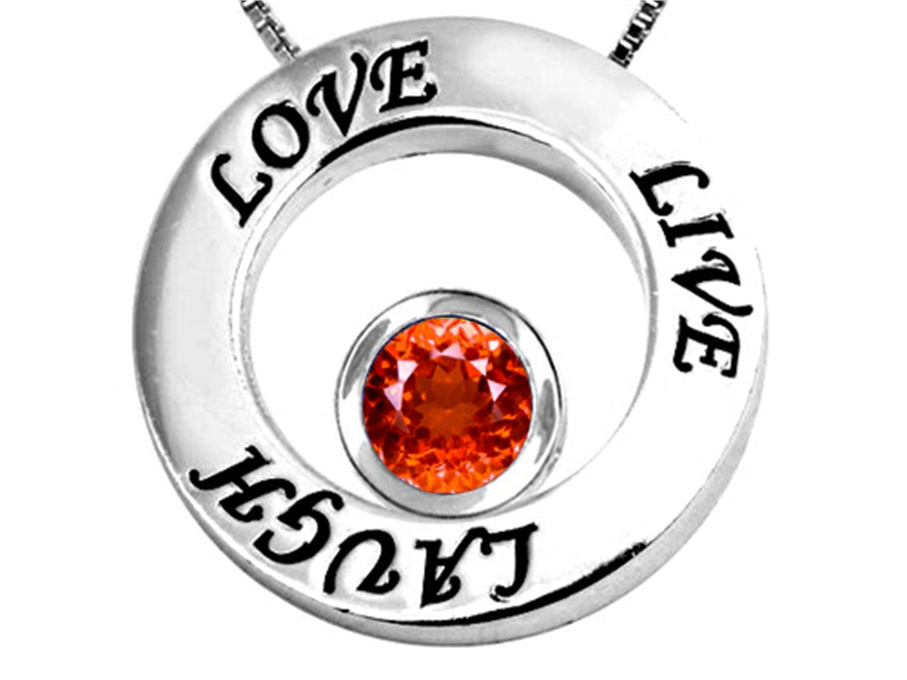 Star K Live/Love/Laugh Circle of Life Pendant Necklace with Round 7mm Simulated Orange Mexican Fire Opal