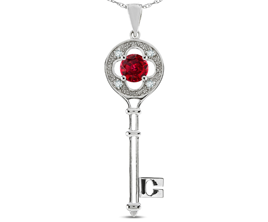 Star K  Key to my Heart Clover Key Pendant Necklace with Round Created Ruby