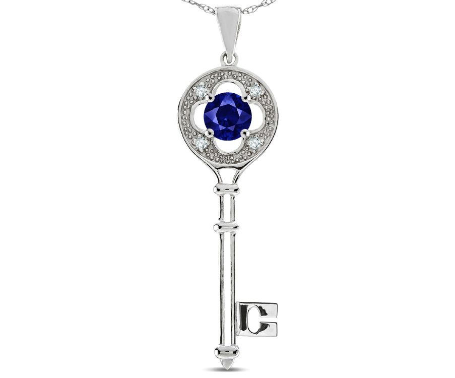 Star K  Key to my Heart Clover Key Pendant Necklace with Round Created Sapphire