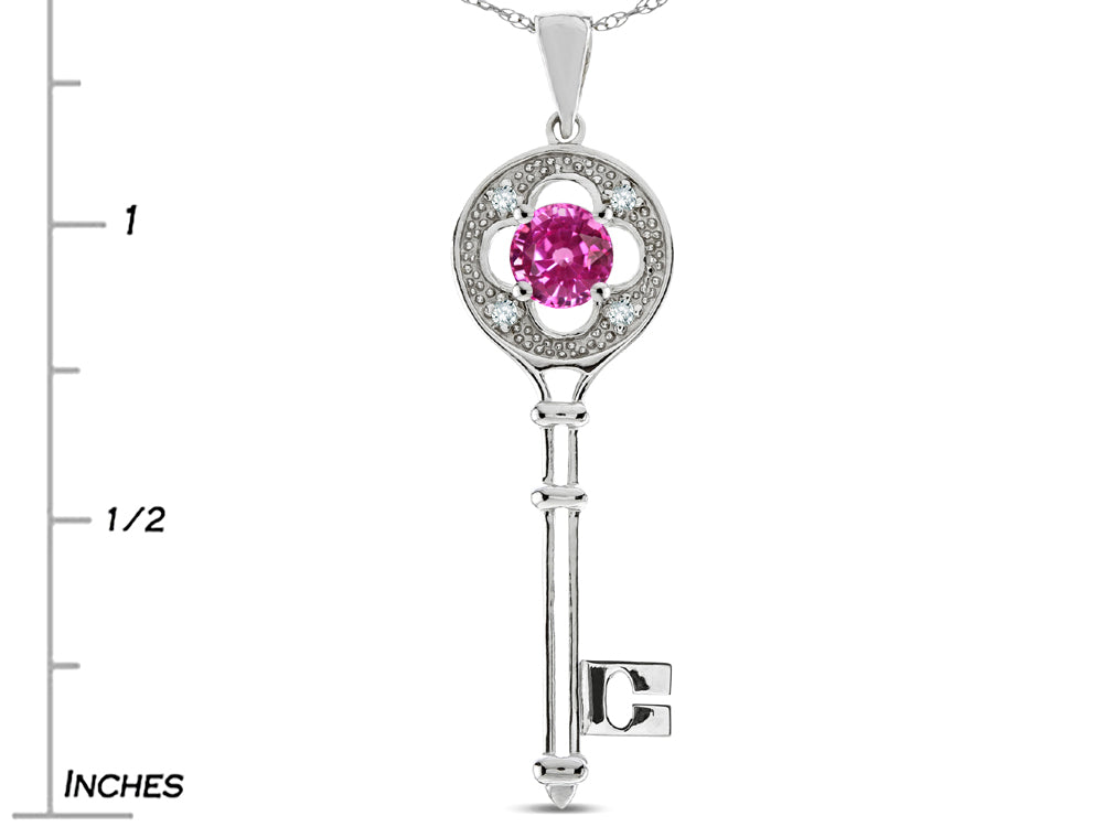 Star K Key to my Heart Clover Key Pendant Necklace with Round Created Pink Sapphire