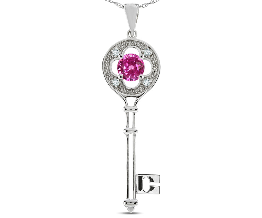 Star K Key to my Heart Clover Key Pendant Necklace with Round Created Pink Sapphire