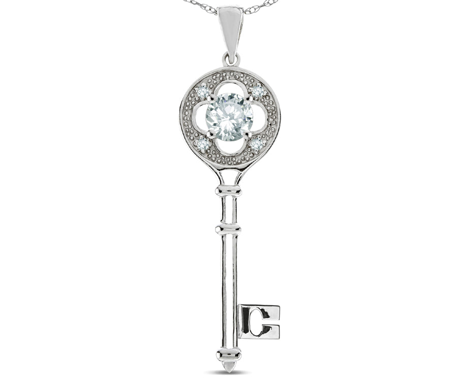 Star K  Key to my Heart Clover Key Pendant Necklace with Round Genuine White Topaz