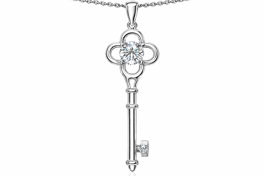 Tommaso Design Key to my Heart Clover Key Pendant Necklace with Round Genuine White Topaz