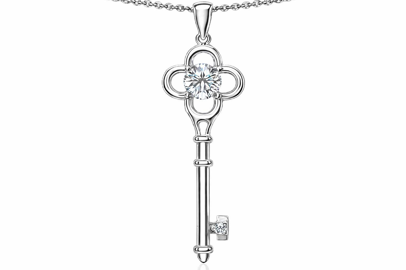 Star K Key to my Heart Clover Key Pendant Necklace with Round Genuine White Topaz