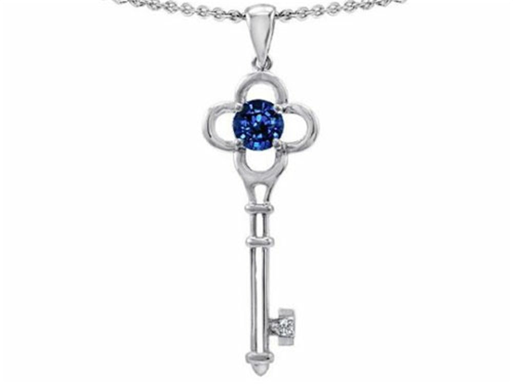 Tommaso Design Key to my Heart Clover Key Pendant Necklace with Round Created Blue Sapphire
