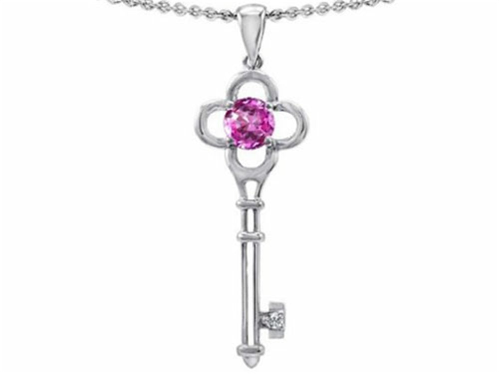 Tommaso Design™ Key to my Heart Clover Pendant Necklace with Round Created Pink Sapphire