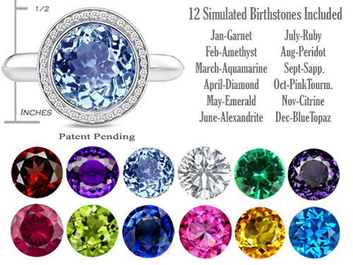 Switch-It Gems Round 10mm Simulated Aquamarine Halo Ring with 12 Interchangeable Simulated Birth Months