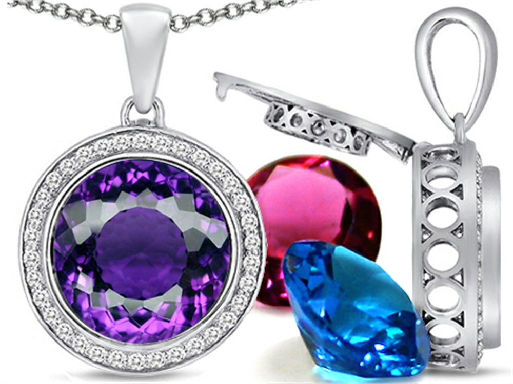 Switch-It Gems Interchangeable Simulated Amethyst Halo Pendant Necklace 12 Round 12mm Simulated Birth Months Includ