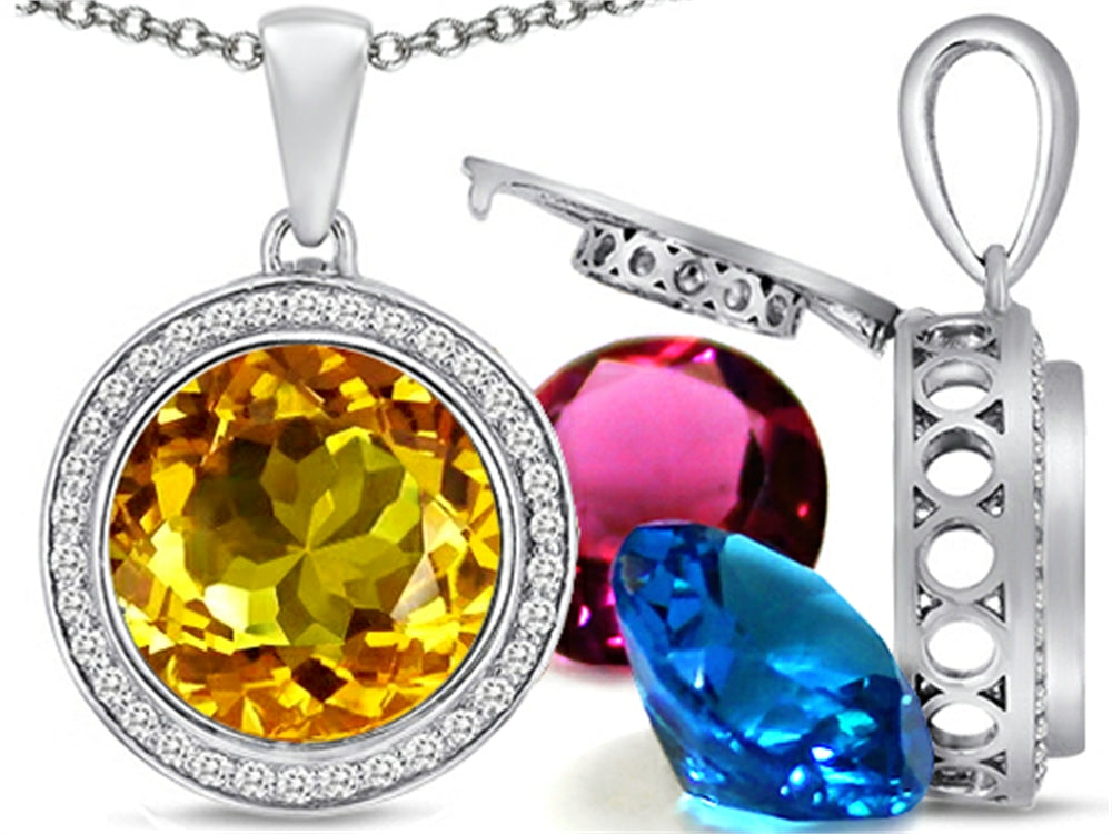 Switch-It Gems Interchangeable Simulated Citrine Halo Pendant Necklace Set Round 12mm Simulated Birth Months Include