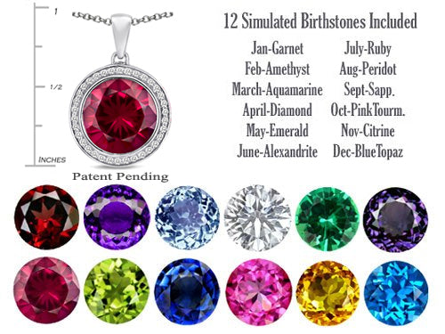 Switch-It Gems Interchangeable Simulated Ruby Halo Pendant Necklace Set Round 12mm Simulated Birth Months Included