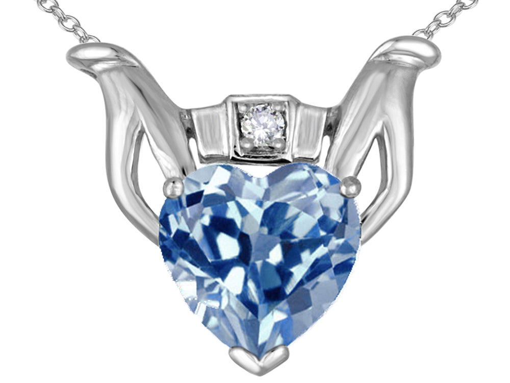 Star K Claddagh Love Pendant Necklace With 8mm Heart Simulated Aquamarine