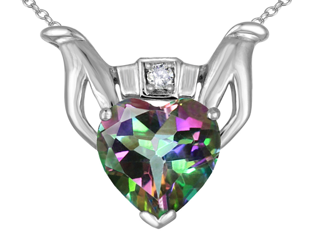 Star K Claddagh Love Pendant Necklace With 8mm Heart Rainbow Mystic Topaz