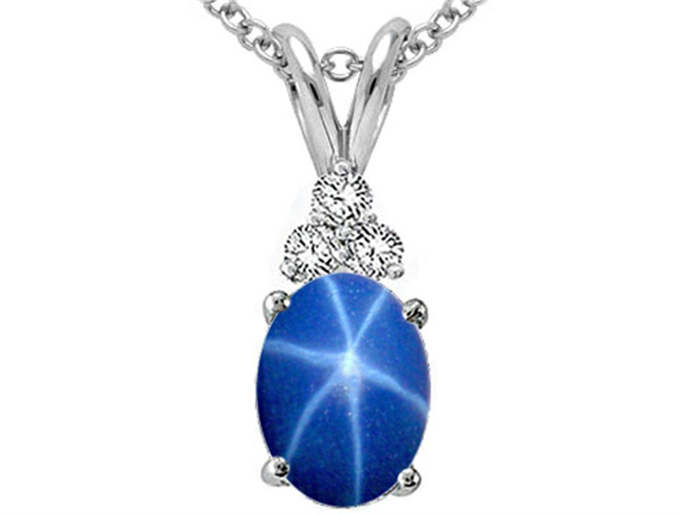 Tommaso Design Oval 8x6mm Created Star Sapphire and Genuine Diamond Pendant Necklace