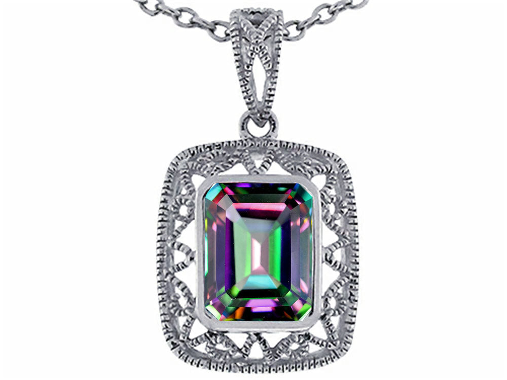 Star K Emerald Cut Rainbow Mystic Topaz Pendant Necklace