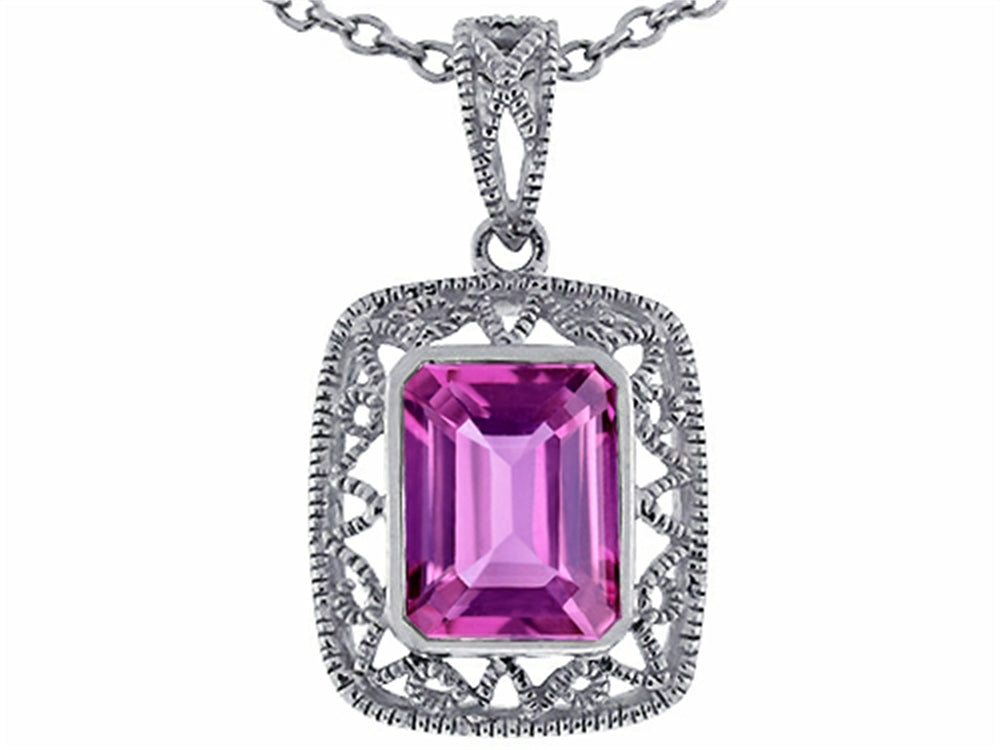 Star K Emerald Cut Simulated Pink Tourmaline Pendant Necklace