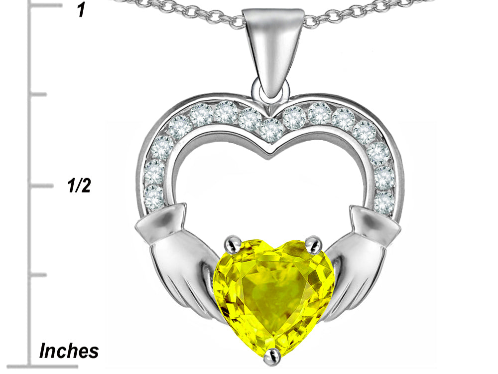 Star K Hands Holding 8mm Heart Claddagh Pendant Necklace With Simulated Yellow Sapphire