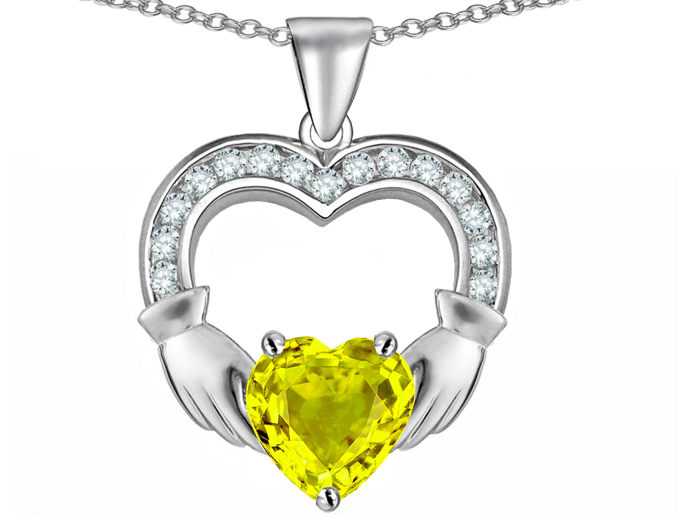 Star K Hands Holding 8mm Heart Claddagh Pendant Necklace With Simulated Yellow Sapphire