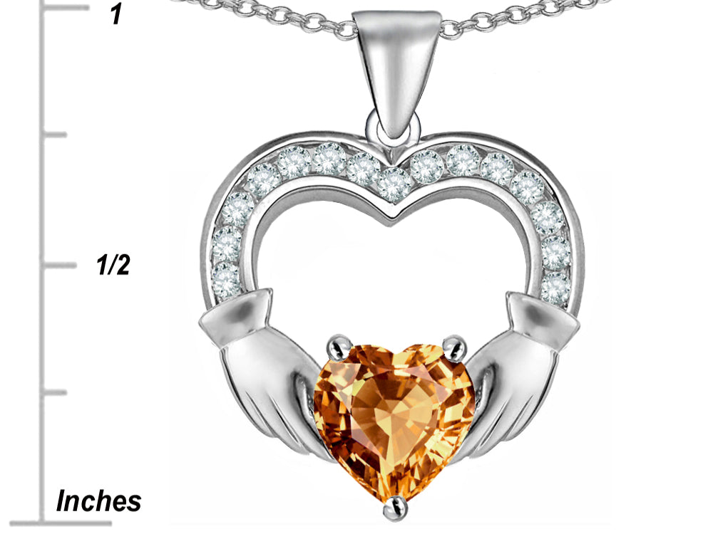 Star K Hands Holding 8mm Heart Claddagh Pendant Necklace With Simulated Imperial Yellow Topaz