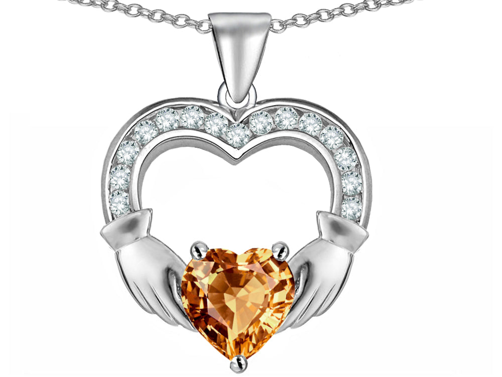 Star K Hands Holding 8mm Heart Claddagh Pendant Necklace With Simulated Imperial Yellow Topaz