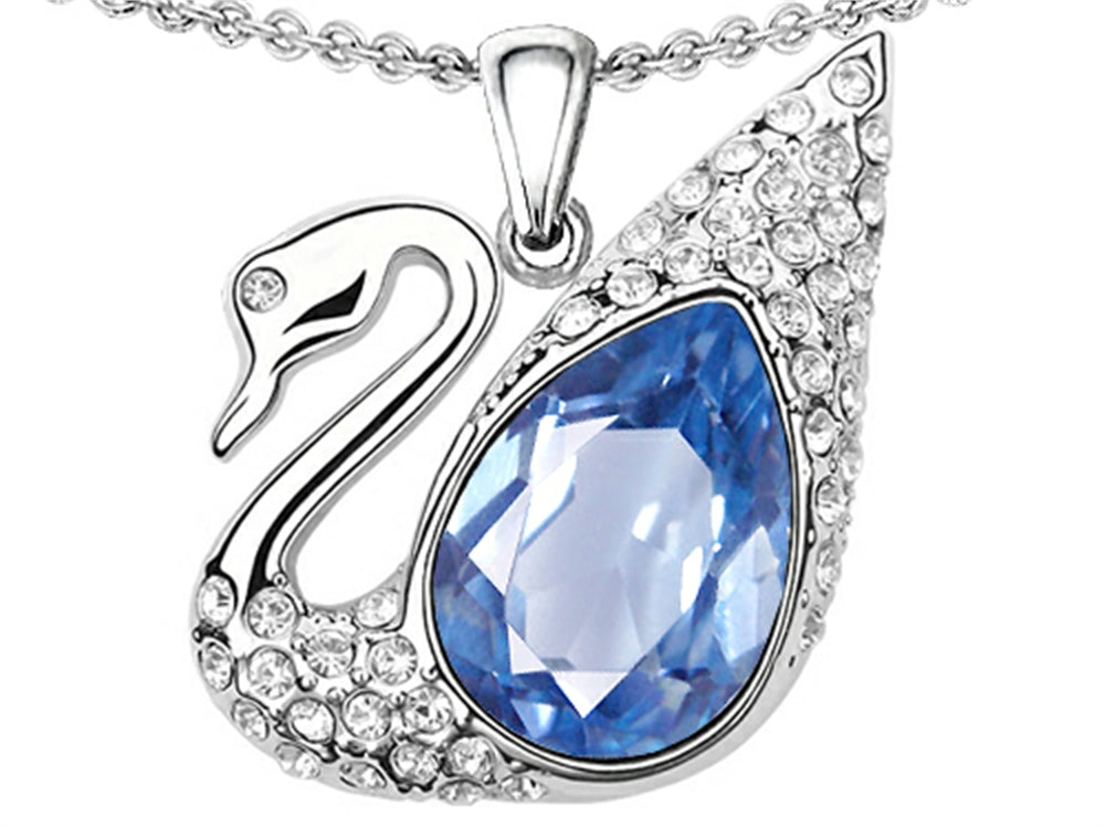 Star K Love Swan Pendant Necklace With Pear Shape Simulated Aquamarine