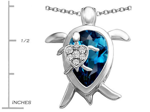 Star K Large Mother and Baby Lucky Turtle family Pendant Necklace with 12x8mm Pear Shape Simulated Blue Topaz
