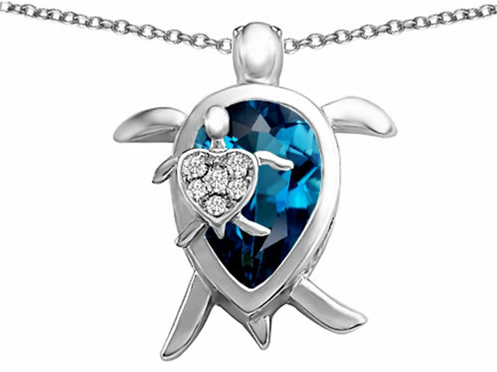 Star K Large Mother and Baby Lucky Turtle family Pendant Necklace with 12x8mm Pear Shape Simulated Blue Topaz