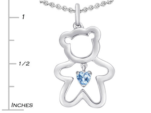 Star K Love Teddy Bear with 4mm Heart Shape Simulated Aquamarine Pendant Necklace