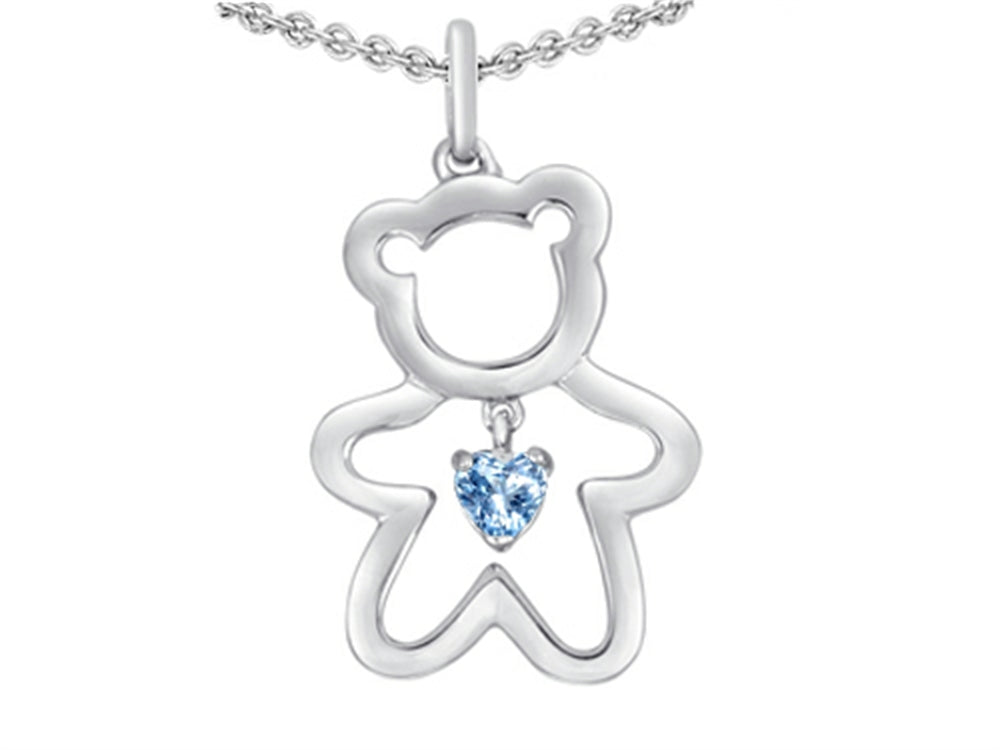 Star K Love Teddy Bear with 4mm Heart Shape Simulated Aquamarine Pendant Necklace