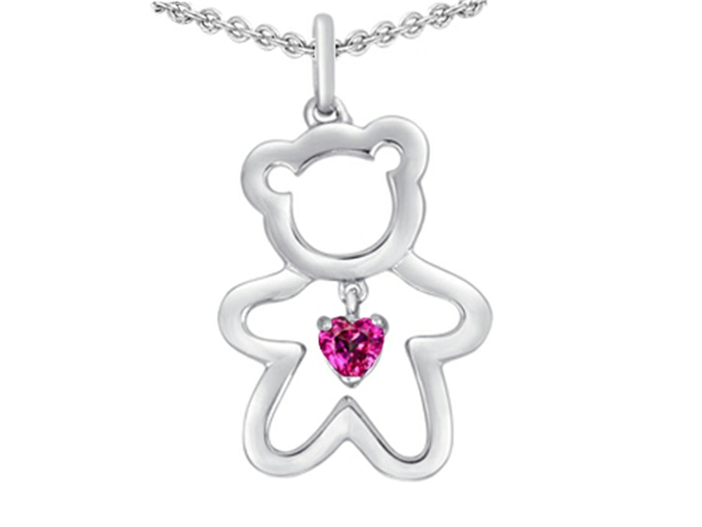 Star K Love Teddy Bear with 4mm Heart Shape Created Pink Sapphire Pendant Necklace