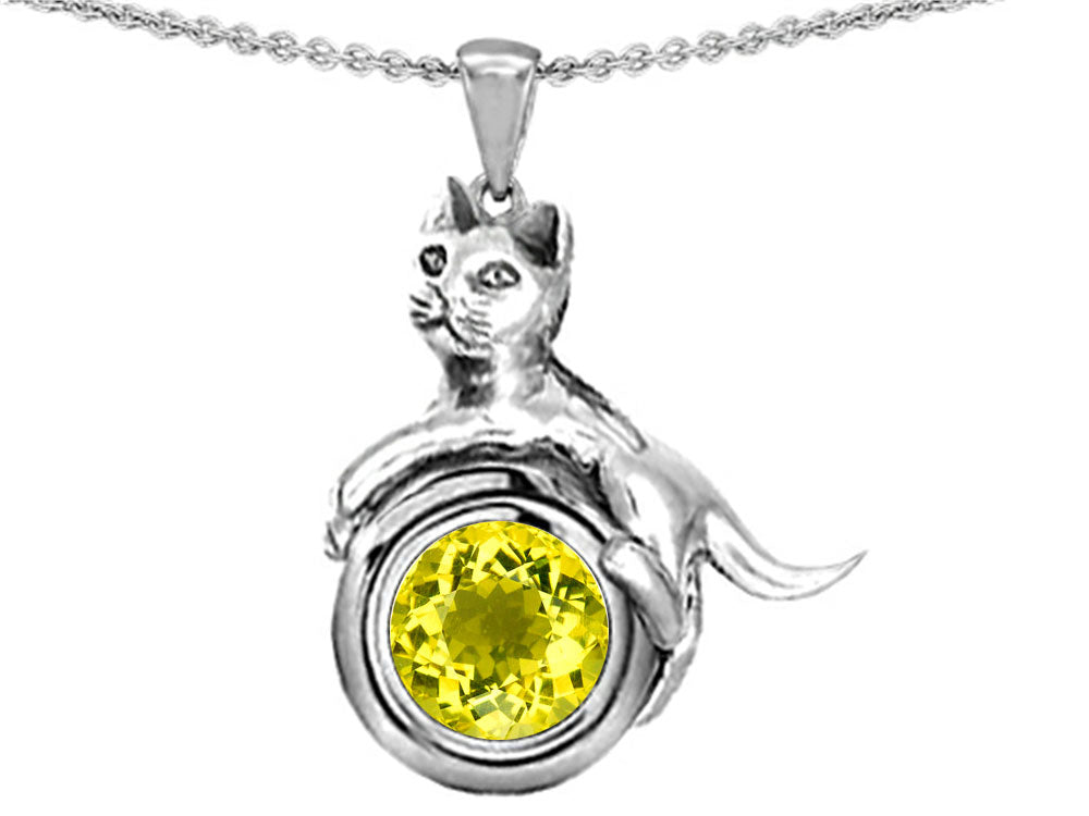 Star K Cat Lover Pendant Necklace with November Birth Month Simulated Citrine