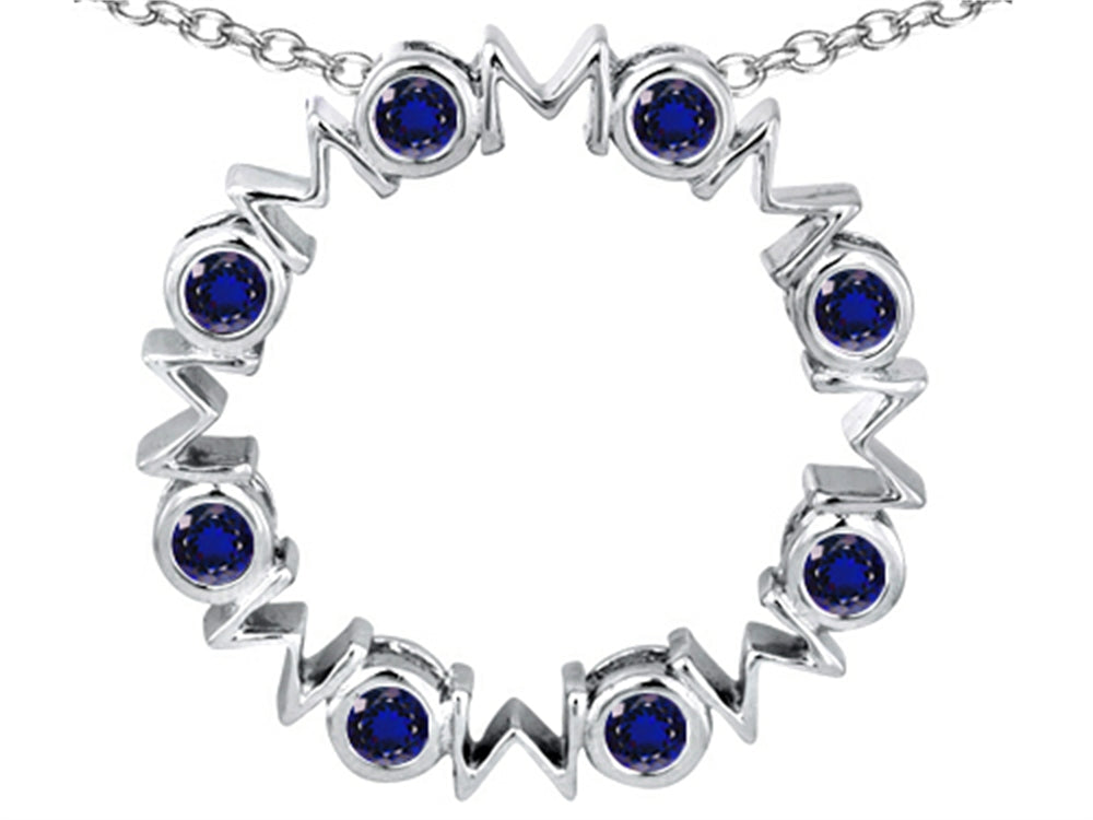 Star K Large MOM Circle Mother's Pendant Necklace with Round Created Sapphire