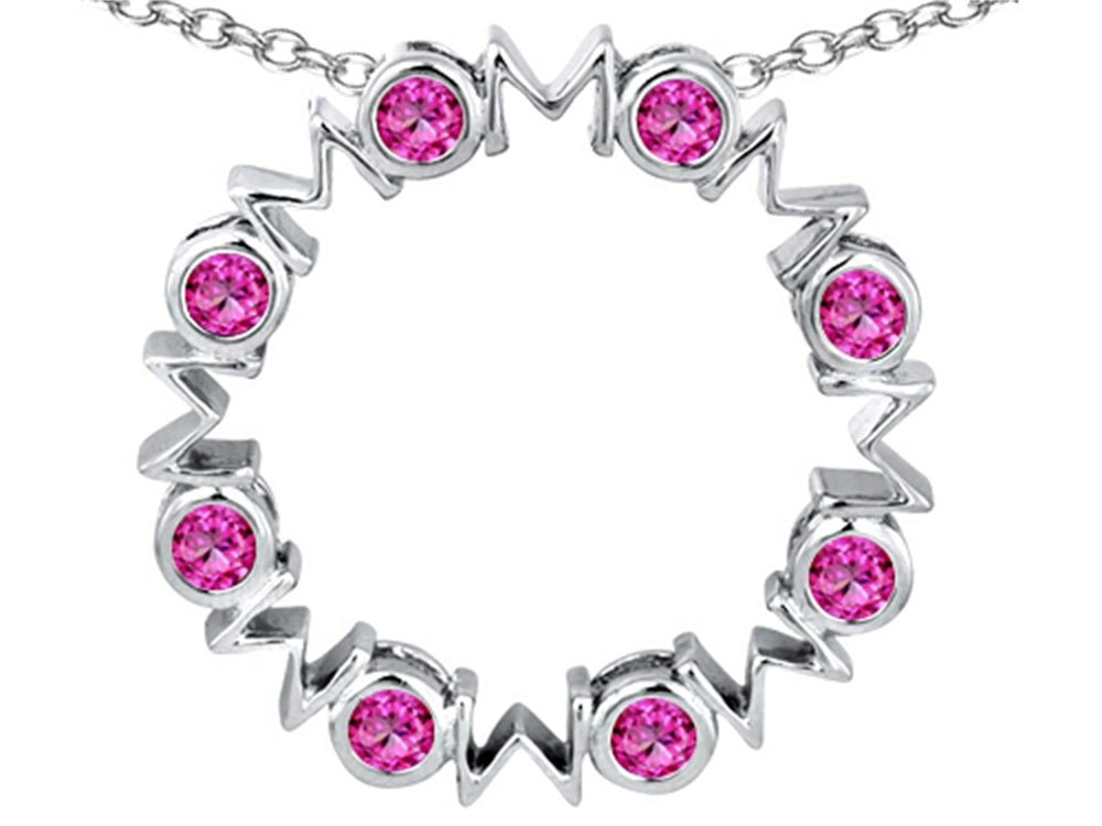 Star K Large MOM Circle Mother's Pendant Necklace with Round Created Pink Sapphire