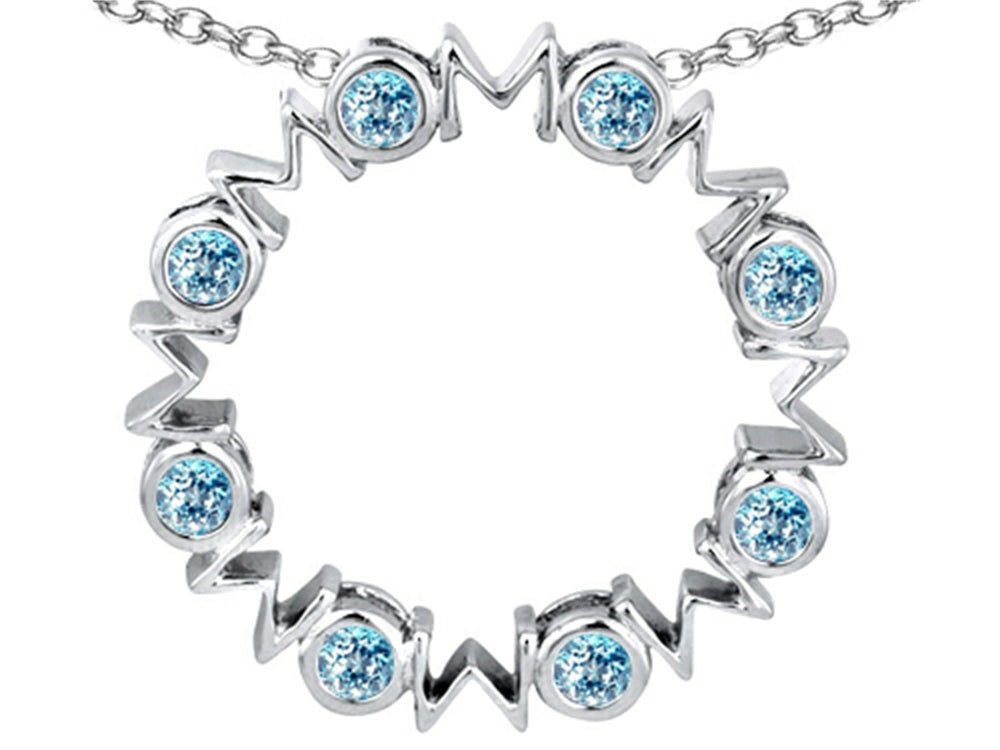 Star K Large MOM Circle Mother's pendant with Round Simulated Aquamarine